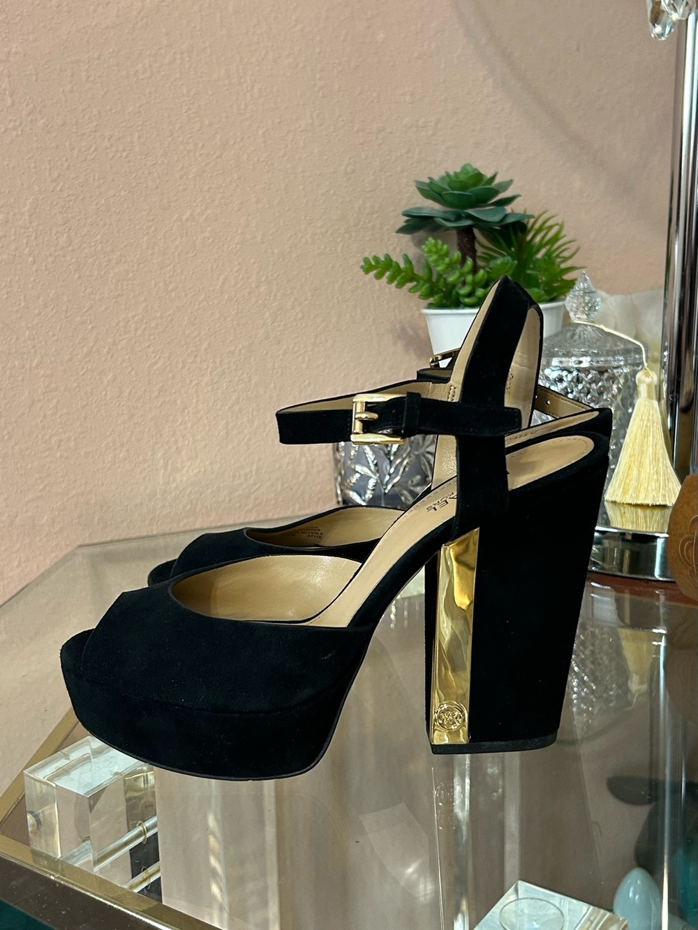 Michael Kors Black Suede Leather Platform Heels with Gold Block Heel Size 7 - Picture 5 of 16